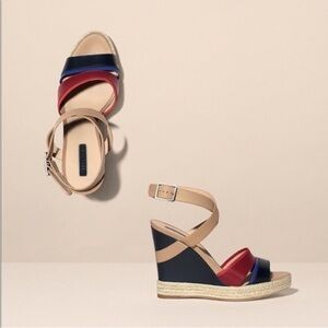 Longchamp Finca Louisa Wedge Espadrille Red Blue Sandals 39 US 8.5 Resortwear